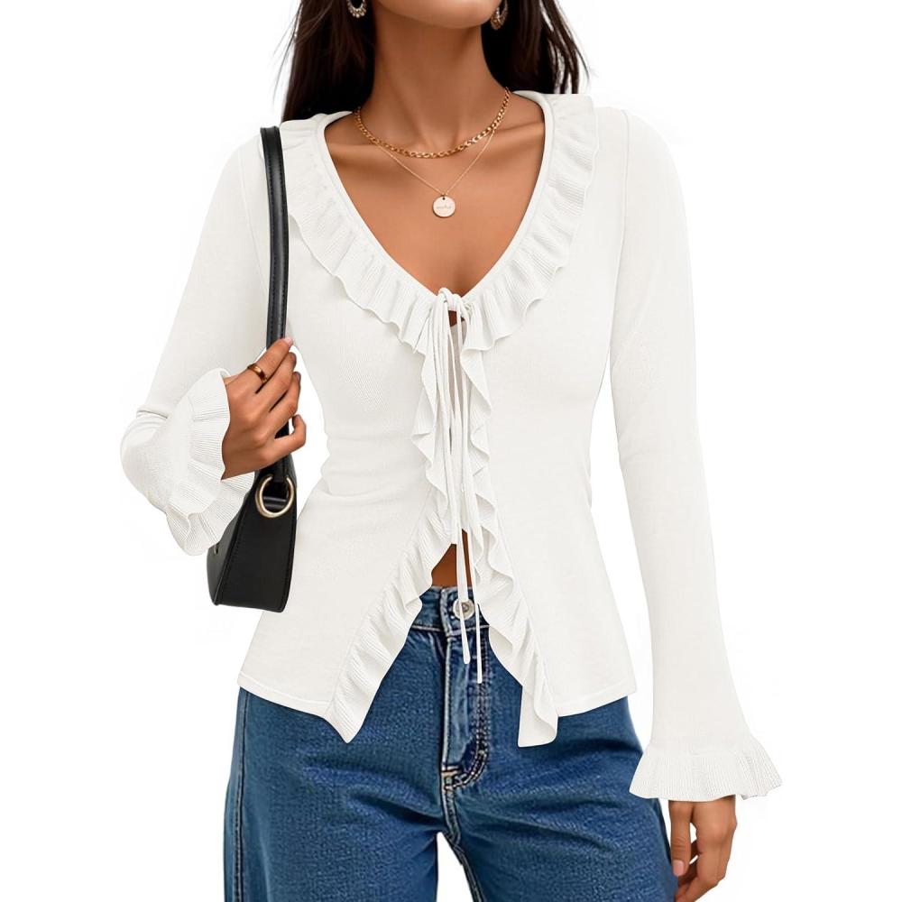 imageZESICA Womens 2025 Fall Tie Front Bow Cardigan Sweaters Long Bell Sleeve V Neck Ruffled Knit Cropped Trendy TopsWhite