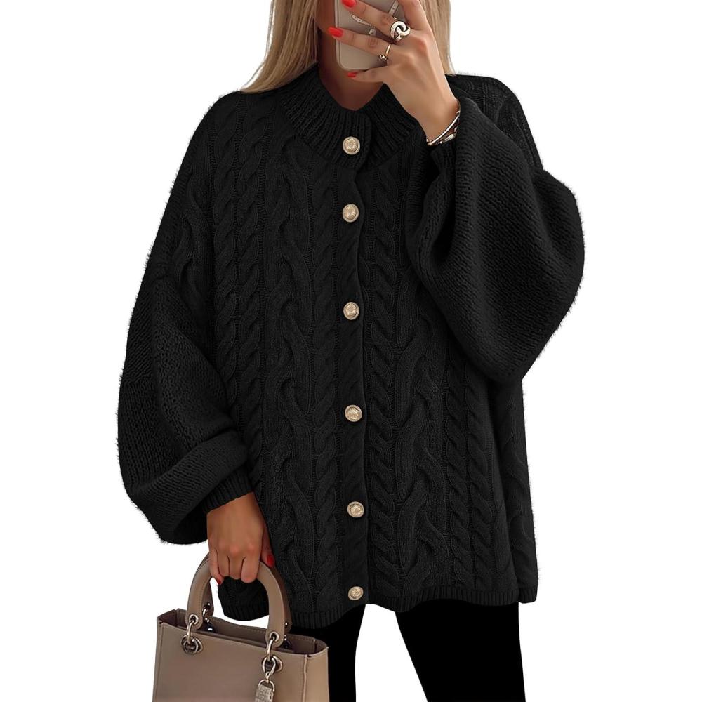 imageZESICA Womens Button Down Cardigan Sweaters 2025 Fall Lantern Long Sleeve Mock Neck Chunky Knit Outerwear CoatBlack