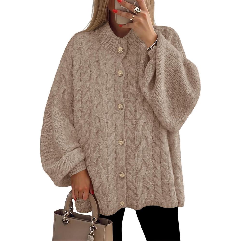 imageZESICA Womens Button Down Cardigan Sweaters 2025 Fall Lantern Long Sleeve Mock Neck Chunky Knit Outerwear CoatKhaki