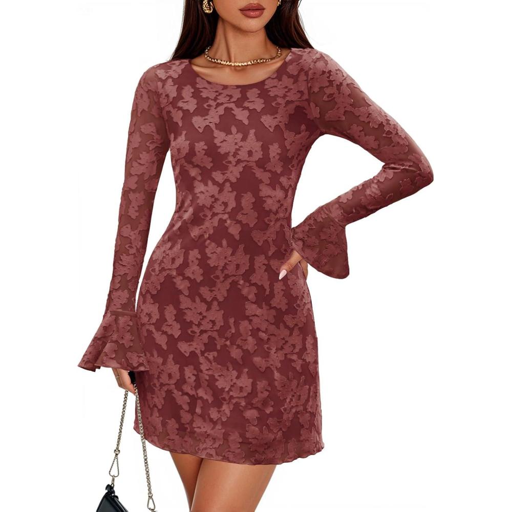 imageZESICA Womens Fall Bell Long Sleeve Bodycon Mini Dresses 2025 Casual Floral Crew Neck Mesh Cocktail Party Club DressBrick Red