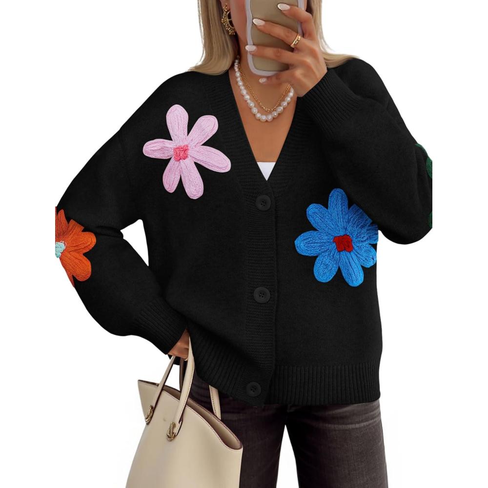 imageZESICA Womens Fall Floral Cardigan Sweaters 2025 Casual Long Sleeve Open Front Button Down V Neck Knit SweaterBlack