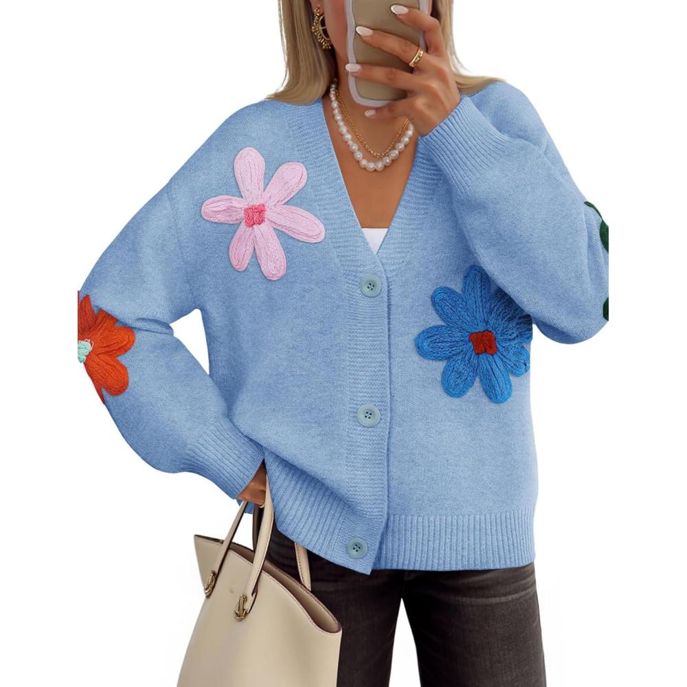 imageZESICA Womens Fall Floral Cardigan Sweaters 2025 Casual Long Sleeve Open Front Button Down V Neck Knit SweaterBlue