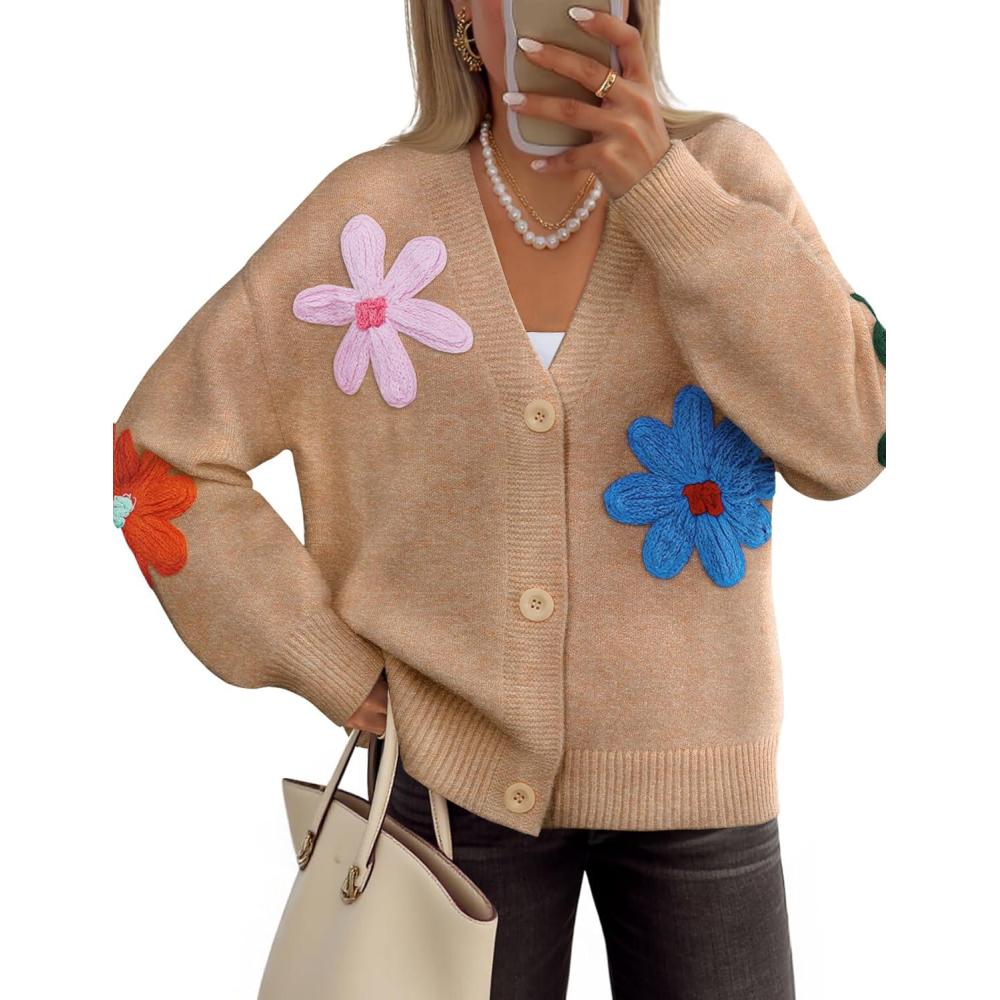 imageZESICA Womens Fall Floral Cardigan Sweaters 2025 Casual Long Sleeve Open Front Button Down V Neck Knit SweaterKhaki