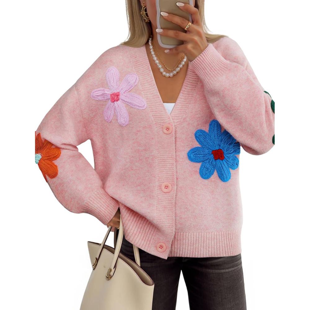 imageZESICA Womens Fall Floral Cardigan Sweaters 2025 Casual Long Sleeve Open Front Button Down V Neck Knit SweaterPink