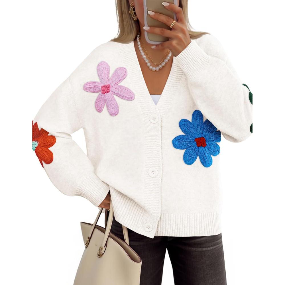 imageZESICA Womens Fall Floral Cardigan Sweaters 2025 Casual Long Sleeve Open Front Button Down V Neck Knit SweaterWhite