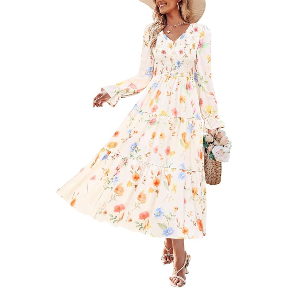 imageZESICA Womens Fall Long Sleeve Floral Boho Dress 2025 Casual V Neck ALine Flowy Wedding Guest Maxi DressesApricot