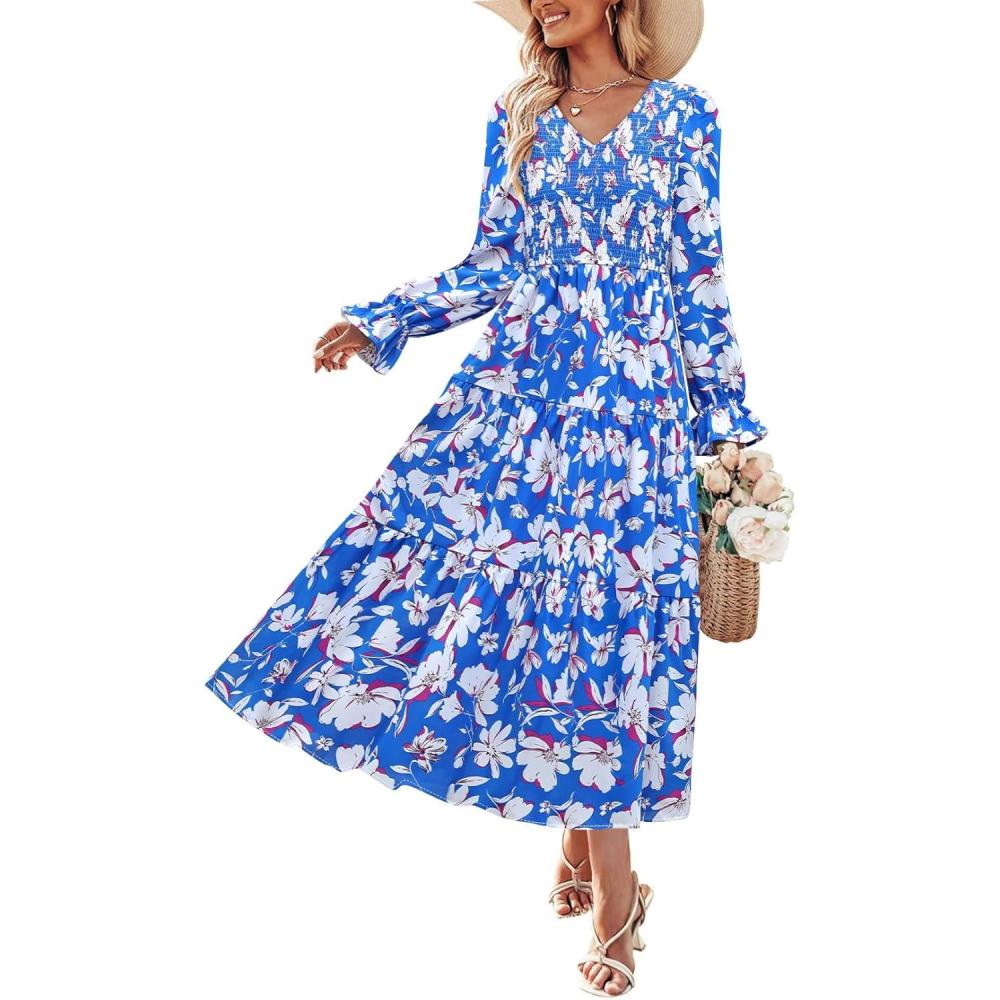 imageZESICA Womens Fall Long Sleeve Floral Boho Dress 2025 Casual V Neck ALine Flowy Wedding Guest Maxi DressesRoyal Blue