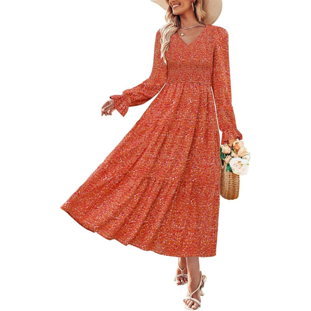 imageZESICA Womens Fall Long Sleeve Floral Boho Dress 2025 Casual V Neck ALine Flowy Wedding Guest Maxi DressesRust