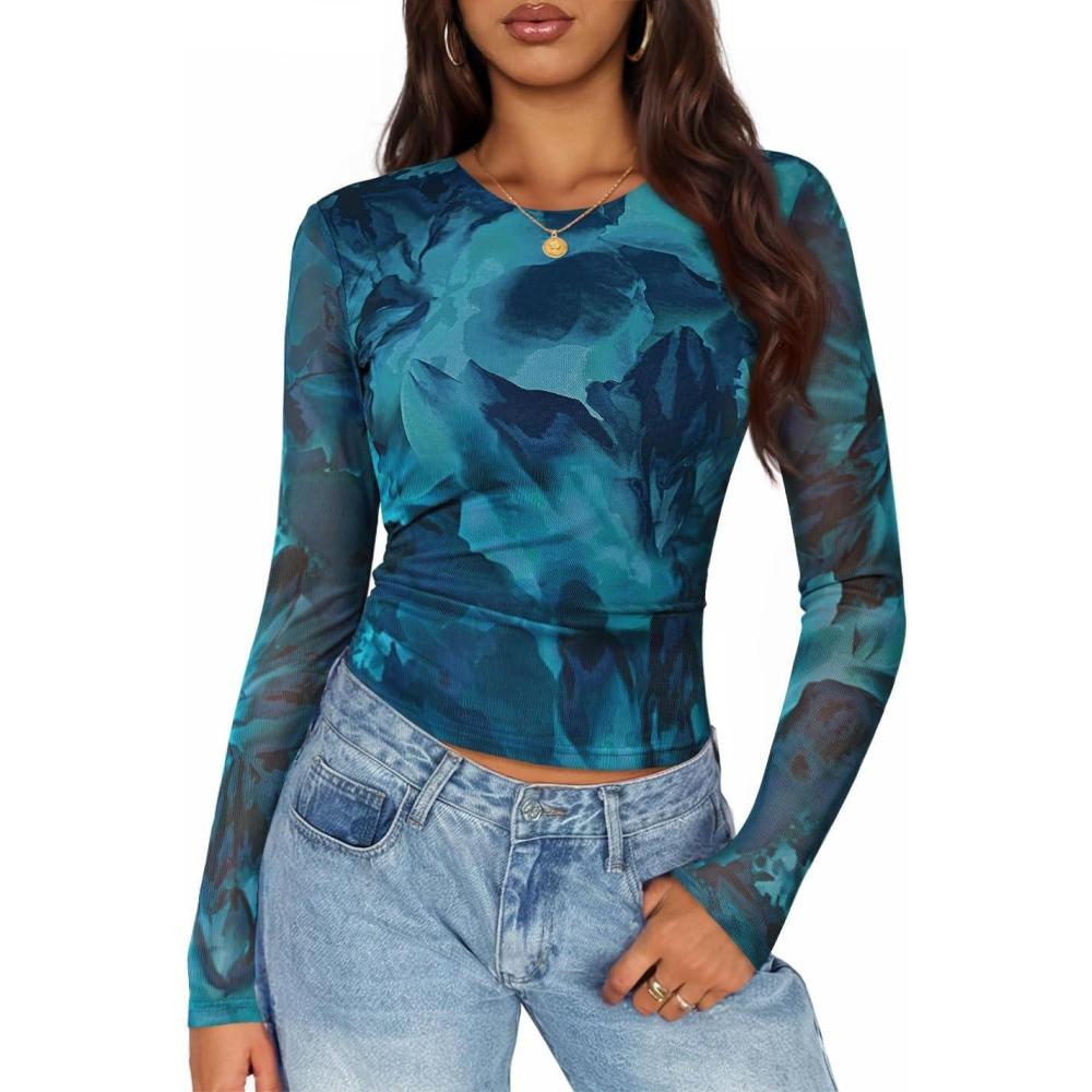 imageZESICA Womens Floral Mesh Going Out Tops Fall Long Sleeve Crewneck Slim Fit Ruched Y2k Shirts Beach Vacation OutfitsBlue
