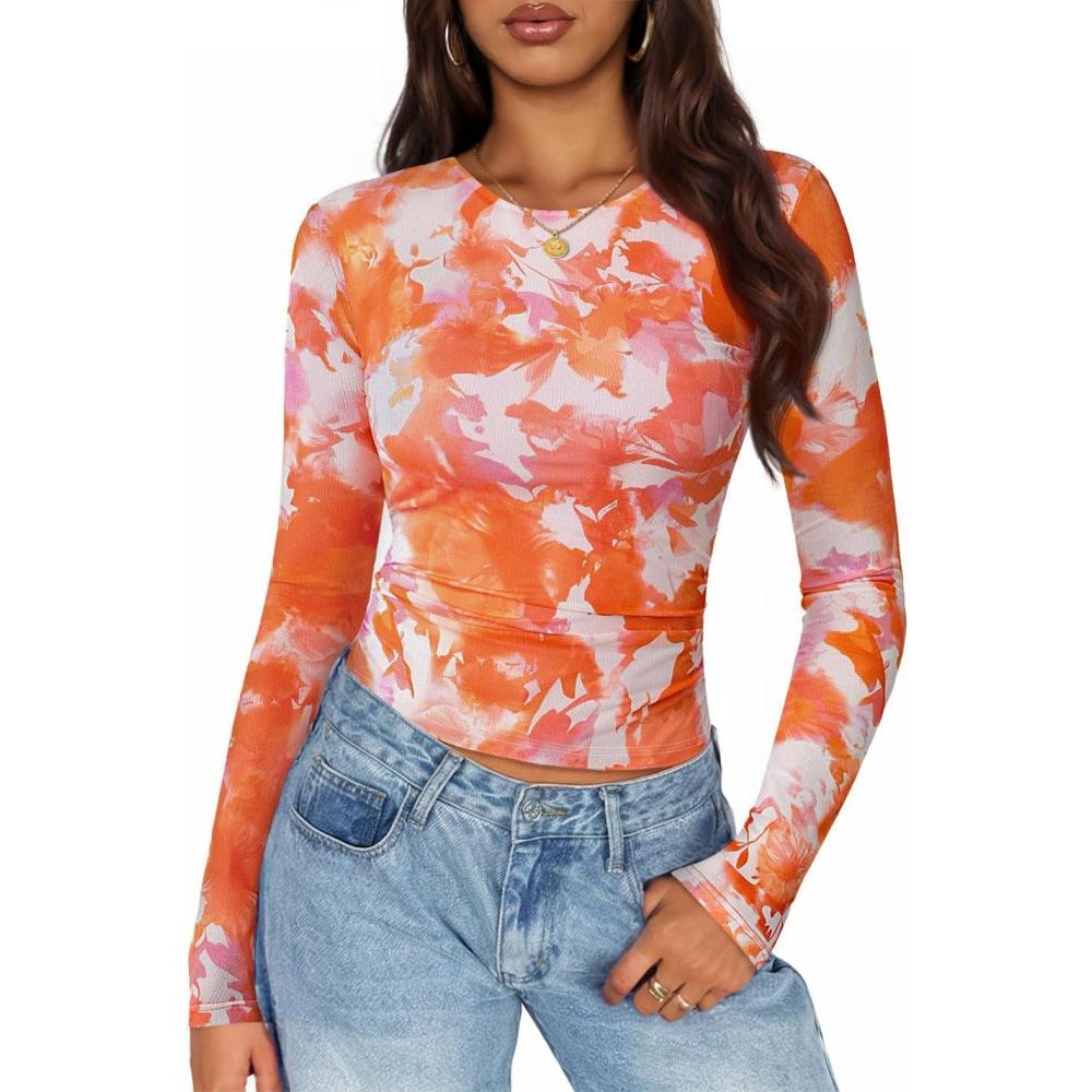 imageZESICA Womens Floral Mesh Going Out Tops Fall Long Sleeve Crewneck Slim Fit Ruched Y2k Shirts Beach Vacation OutfitsOrange