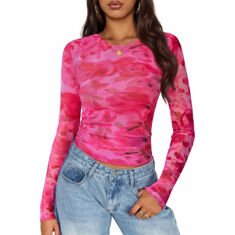 imageZESICA Womens Floral Mesh Going Out Tops Fall Long Sleeve Crewneck Slim Fit Ruched Y2k Shirts Beach Vacation OutfitsPink