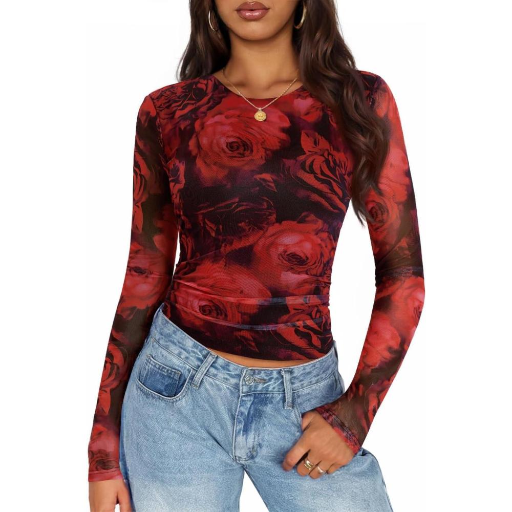 imageZESICA Womens Floral Mesh Going Out Tops Fall Long Sleeve Crewneck Slim Fit Ruched Y2k Shirts Beach Vacation OutfitsRed