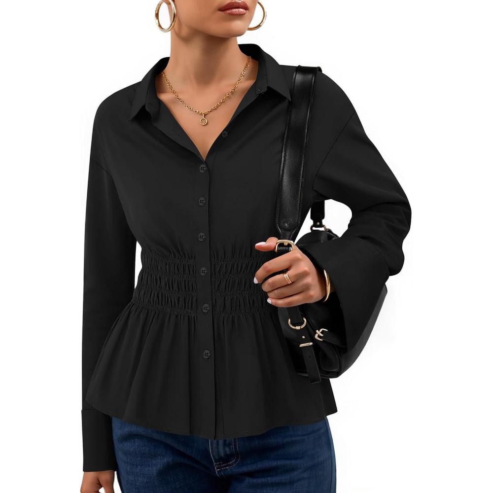 imageZESICA Womens Long Sleeve Button Down Cotton Shirts 2025 Fall Business Casual Collared Blouse Work Office Dressy TopsBlack