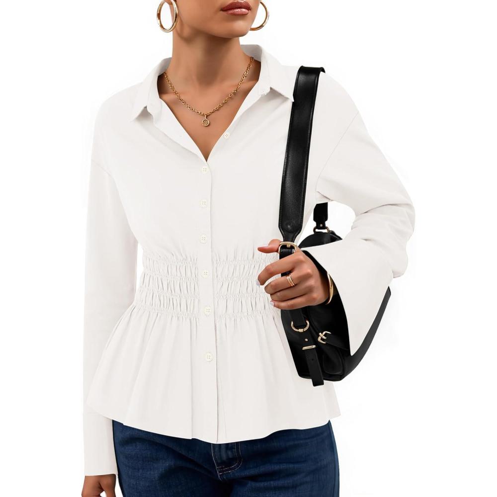 imageZESICA Womens Long Sleeve Button Down Cotton Shirts 2025 Fall Business Casual Collared Blouse Work Office Dressy TopsWhite