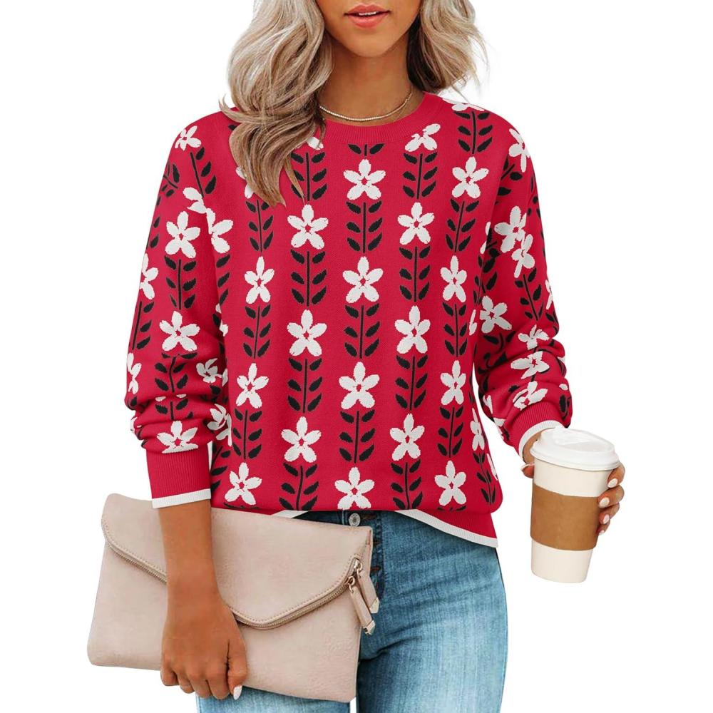 imageZESICA Womens Long Sleeve Crewneck Sweater 2025 Fall Printed Cute Oversized Knitted Pullover Tops Trendy ClothesRed