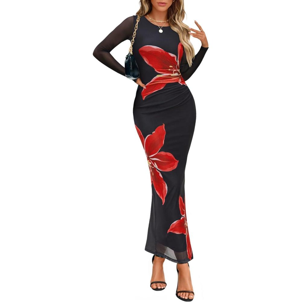 imageZESICA Womens Long Sleeve Floral Maxi Dresses 2025 Fall Bodycon Crewneck Side Slit Ruched Fitted Party Long DressBlack