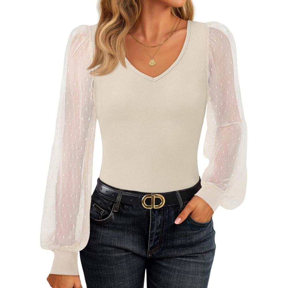 imageZESICA Womens Tops V Neck Ribbed Knit Polka Dot Mesh Long Sleeve Shirts Fall Fashion Business Casual Outfits Dressy BlousesApricot