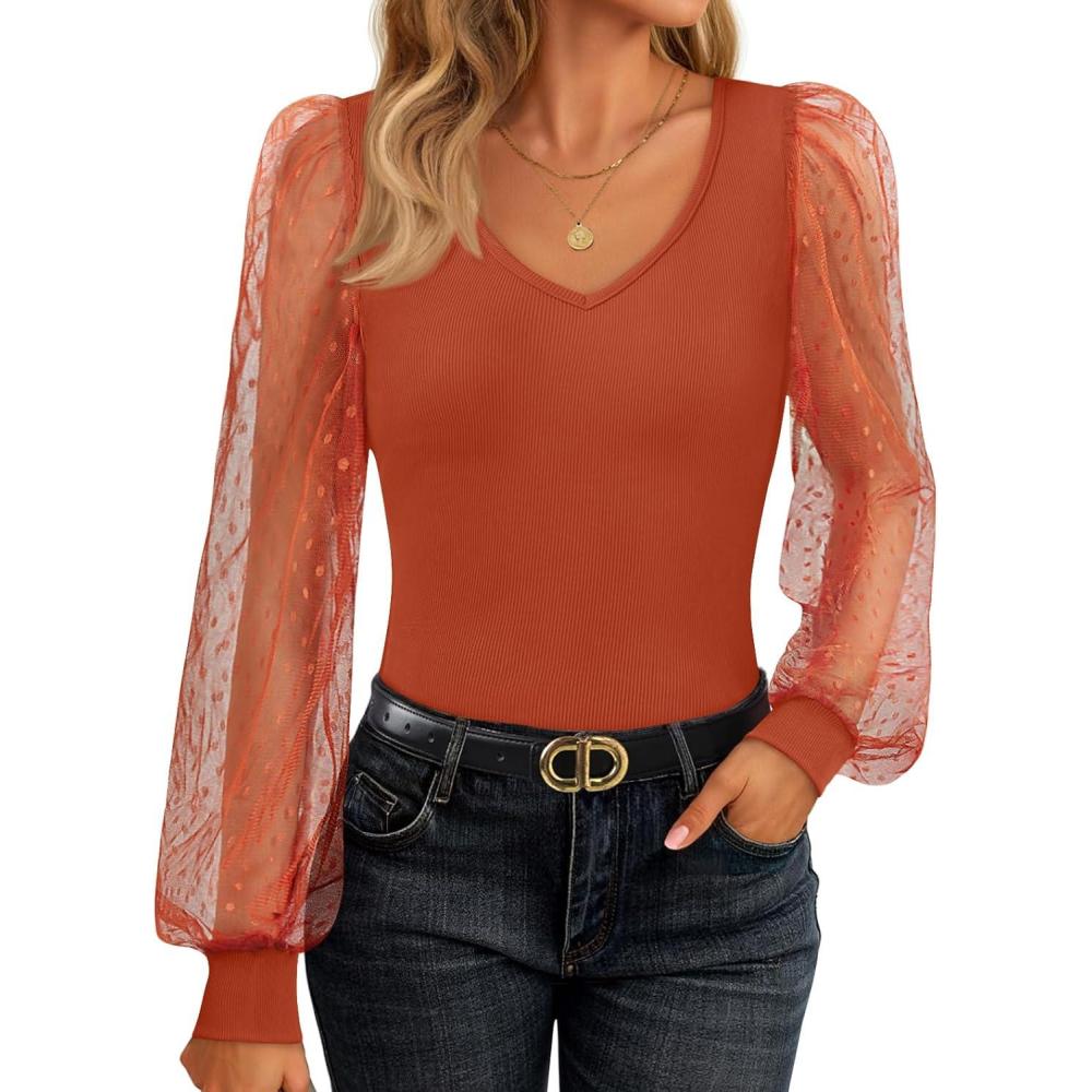 imageZESICA Womens Tops V Neck Ribbed Knit Polka Dot Mesh Long Sleeve Shirts Fall Fashion Business Casual Outfits Dressy BlousesCaramel