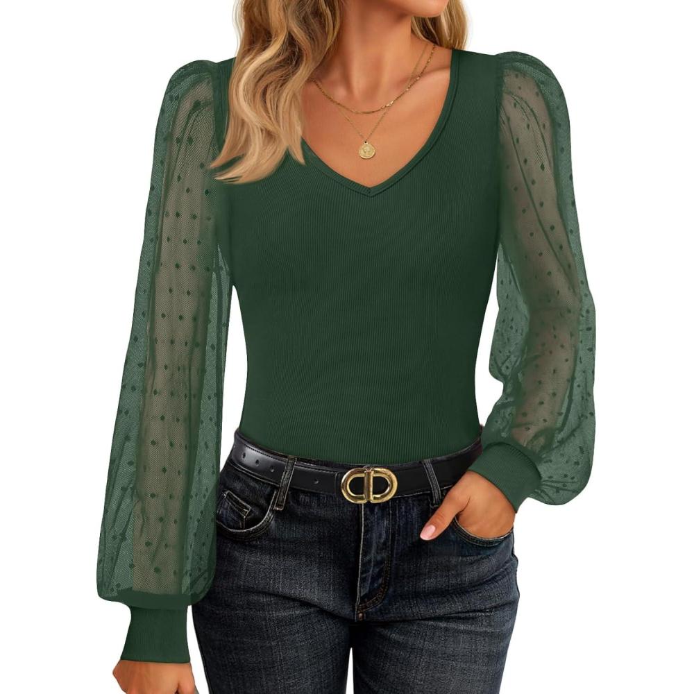 imageZESICA Womens Tops V Neck Ribbed Knit Polka Dot Mesh Long Sleeve Shirts Fall Fashion Business Casual Outfits Dressy BlousesDark Green
