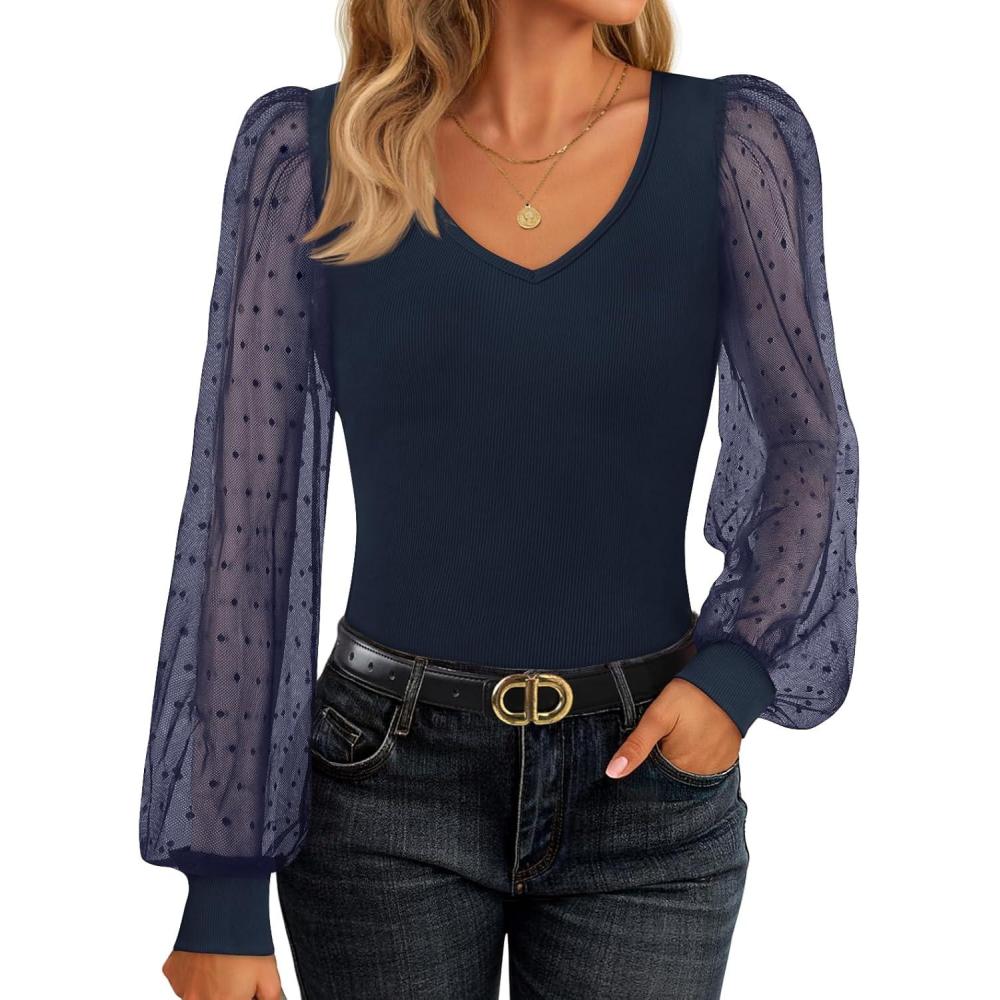 imageZESICA Womens Tops V Neck Ribbed Knit Polka Dot Mesh Long Sleeve Shirts Fall Fashion Business Casual Outfits Dressy BlousesNavy Blue
