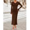 imageZESICA Womens 2025 Fall Long Sleeve Ruched Knit Bodycon Maxi Dress Cowl Neck Back Slit Formal Wedding Guest Cocktail DressesBrown
