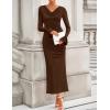 imageZESICA Womens 2025 Fall Long Sleeve Ruched Knit Bodycon Maxi Dress Cowl Neck Back Slit Formal Wedding Guest Cocktail DressesBrown