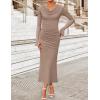 imageZESICA Womens 2025 Fall Long Sleeve Ruched Knit Bodycon Maxi Dress Cowl Neck Back Slit Formal Wedding Guest Cocktail DressesKhaki