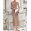 imageZESICA Womens 2025 Fall Long Sleeve Ruched Knit Bodycon Maxi Dress Cowl Neck Back Slit Formal Wedding Guest Cocktail DressesKhaki