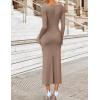 imageZESICA Womens 2025 Fall Long Sleeve Ruched Knit Bodycon Maxi Dress Cowl Neck Back Slit Formal Wedding Guest Cocktail DressesKhaki