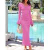 imageZESICA Womens 2025 Fall Long Sleeve Ruched Knit Bodycon Maxi Dress Cowl Neck Back Slit Formal Wedding Guest Cocktail DressesPink