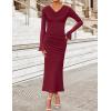 imageZESICA Womens 2025 Fall Long Sleeve Ruched Knit Bodycon Maxi Dress Cowl Neck Back Slit Formal Wedding Guest Cocktail DressesWine Red