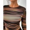 imageZESICA Womens Floral Mesh Going Out Tops Fall Long Sleeve Crewneck Slim Fit Ruched Y2k Shirts Beach Vacation OutfitsBrown