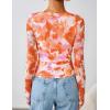 imageZESICA Womens Floral Mesh Going Out Tops Fall Long Sleeve Crewneck Slim Fit Ruched Y2k Shirts Beach Vacation OutfitsOrange