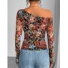 imageZESICA Womens Floral Off Shoulder Long Sleeve Tops 2025 Fall Mesh Ruched Fitted Trendy Going Out Shirts BlousesMulticolour