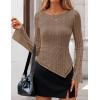 imageZESICA Womens Lace Mesh Long Sleeve Shirts Fall Double Lined Boat Neck Slim Fit Asymmetrical Going Out Tops Date Night OutfitKhaki