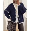 imageZESICA Womens Tie Front Bow Cardigan Sweaters 2025 Casual Long Sleeve Knit Color Block Fall Winter Clothing CoatsNavy