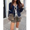 imageZESICA Womens Tie Front Bow Cardigan Sweaters 2025 Casual Long Sleeve Knit Color Block Fall Winter Clothing CoatsNavy