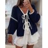 imageZESICA Womens Tie Front Bow Cardigan Sweaters 2025 Casual Long Sleeve Knit Color Block Fall Winter Clothing CoatsNavy