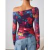 imageZESICA Womens Trendy Off Shoulder Floral Mesh Tops Slim Fit Sexy Long Sleeve Shirts Asymmetrical Ruched BlousesPurplered
