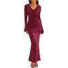 imageZESICA Womens 2025 Fall Long Sleeve Ruched Knit Bodycon Maxi Dress Cowl Neck Back Slit Formal Wedding Guest Cocktail DressesWine Red