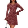 imageZESICA Womens Fall Bell Long Sleeve Bodycon Mini Dresses 2025 Casual Floral Crew Neck Mesh Cocktail Party Club DressBrick Red