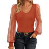 imageZESICA Womens Tops V Neck Ribbed Knit Polka Dot Mesh Long Sleeve Shirts Fall Fashion Business Casual Outfits Dressy BlousesCaramel