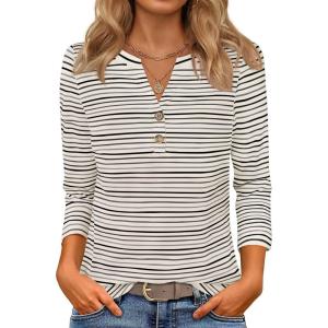 imageZESICA 34 Length Sleeve Womens Tops 2025 Fall Boho Striped Henley Shirts Dressy Casual BlousesGrey