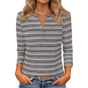 imageZESICA 34 Length Sleeve Womens Tops 2025 Fall Boho Striped Henley Shirts Dressy Casual BlousesLightgrey