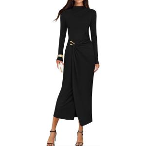 imageZESICA Womens 2025 Fall Long Sleeve Bodycon Dress Mock Neck Party Cocktail Wedding Guest Long Midi DressesBlack