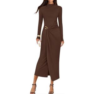 imageZESICA Womens 2025 Fall Long Sleeve Bodycon Dress Mock Neck Party Cocktail Wedding Guest Long Midi DressesBrown