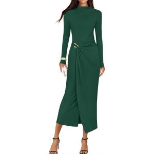 imageZESICA Womens 2025 Fall Long Sleeve Bodycon Dress Mock Neck Party Cocktail Wedding Guest Long Midi DressesGreen
