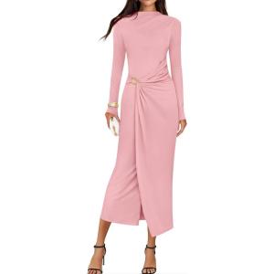imageZESICA Womens 2025 Fall Long Sleeve Bodycon Dress Mock Neck Party Cocktail Wedding Guest Long Midi DressesPink