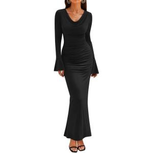 imageZESICA Womens 2025 Fall Long Sleeve Ruched Knit Bodycon Maxi Dress Cowl Neck Back Slit Formal Wedding Guest Cocktail DressesBlack