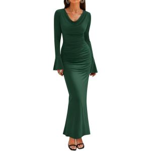 imageZESICA Womens 2025 Fall Long Sleeve Ruched Knit Bodycon Maxi Dress Cowl Neck Back Slit Formal Wedding Guest Cocktail DressesDark Green